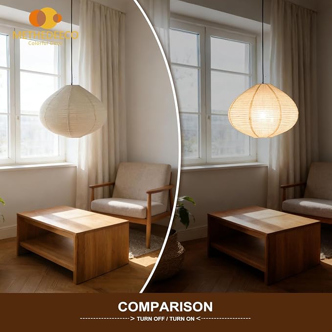 METHEDEECO Oval Hanging Lamp Shade, 16 Inch, White with Beige | Faux Linen, Pendant Lamp Shade, Foldable Fabric Replacement Shade, Minimalist, For Bedroom Living Room Kitchen