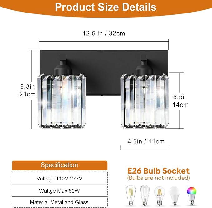 Black Crystal Bathroom Vanity Light, 2-Light Modern Bathroom Lighting Fixtures Over Mirror, Matte Black Wall Sconce with Square Shade