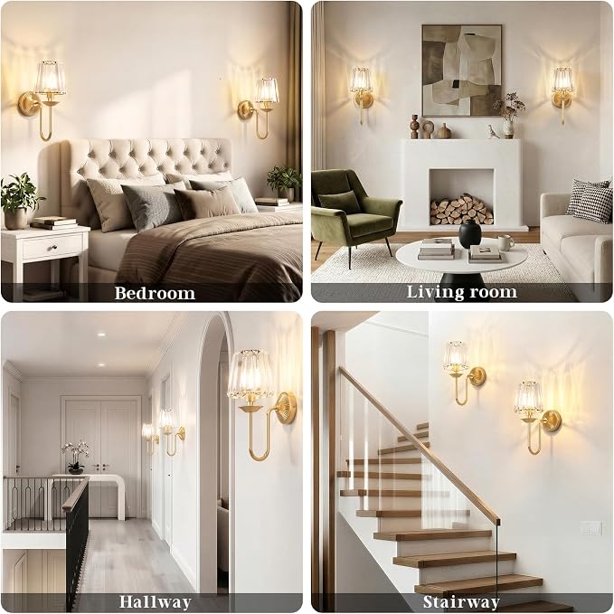 Gold Battery Operated Wall Sconces Set of Two, Crystal Wireless Rechargeable Wall Lights with Remote, Dimmable 3 CCT and 12 RGB Cordless Wall Lamps for Bedroom Living Room Hallway Decor