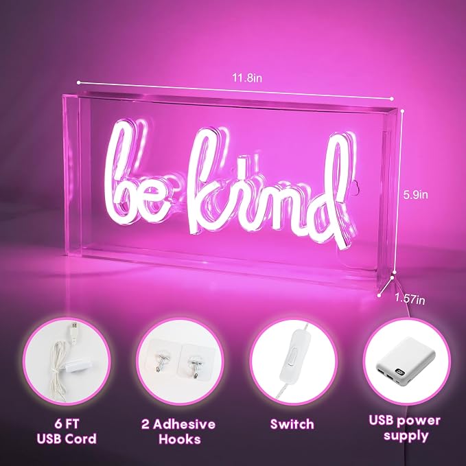 Be Kind Neon Sign, USB Powered LED Neon Light Box with ON/OFF Switch, 3D Acrylic Tabletop and Wall Decor for Girls Room, Bedroom, Classroom, Dorm, Home Office, Shelf, Christmas Birthday Gift (Pink）