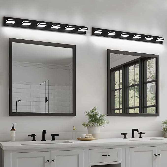 LED Modern Bathroom Light Fixtures, 6-Light 48-Inch Matte Black Vanity Lights for Bathroom Lighting Fixtures Over Mirror, 6000K Cool White 350° Rotatable Wall Lamp