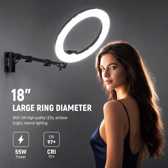 18 Inch Ring Light with Wall Mount Stand, Bi-Color LCD Display 55W 3000-5800K CRI≥97 Light Ring for Video Recording/Photography/Beauty Shop/Tattoo/Barber