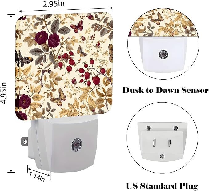 Vintage Flower Night Light,Retro ButterflyPlug Into Wall for Boys Girls Bedroom Decorative Square Night Light Lamp 0.5w Sleep Friendly