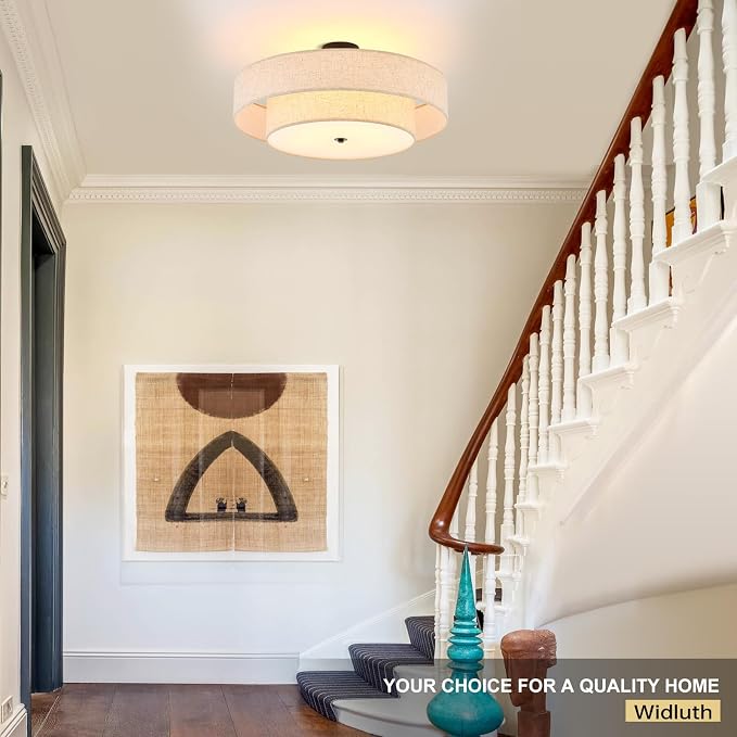 25.6" Black Semi Flush Mount Ceiling Light，5-Light Linen Shade | Large Modern Fabric Drum Light Fixture，E26 Base for Living Room ,Bedroom ,Kitchen ,Dining Room ,Hallway,Closet,Laundry Room