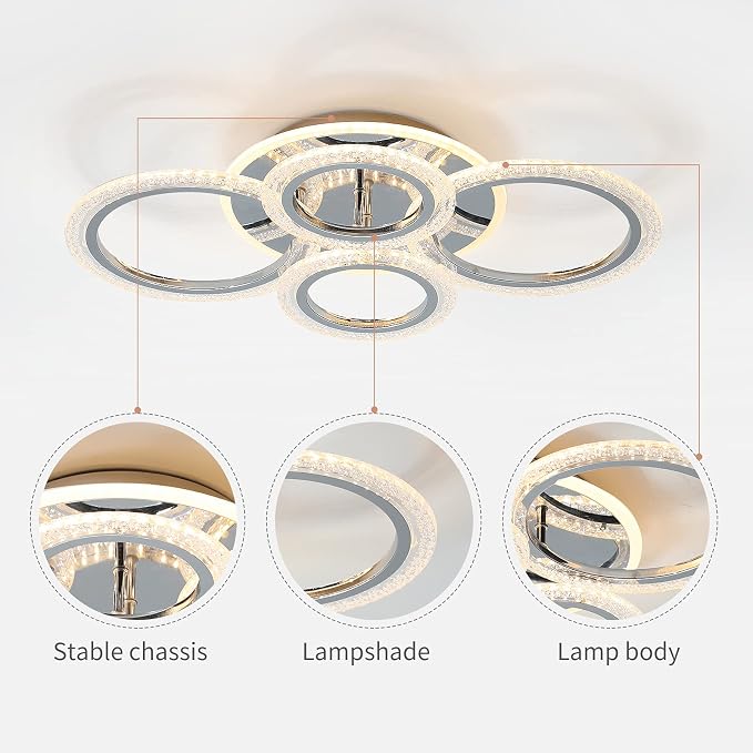 Garwarm Modern LED Flush Mount Ceiling Light with Remote, 4 Ring Chrome 58W | Low Profile Ceiling Light Fixture,Dimmable 3000K-6000K Adjustable Color Temperature,Bubble Acrylic, for Living Room, Bedroom