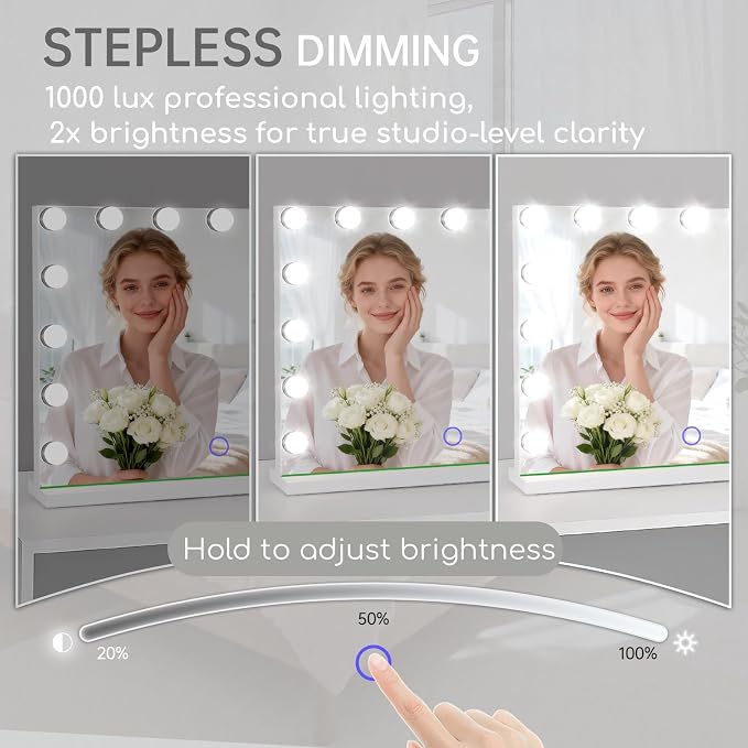 Hollywood Vanity Mirror with Lights, 23" x 18" Lighted Makeup Mirror with 15 Led Bulbs, 3 Color Lights, 10x Magnification, Desk/Wall Mounted, Bedroom College Dorm Room Essentials