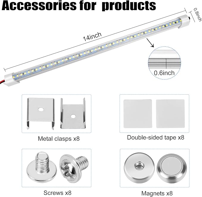 Rifachua 12V LED Interior Light Bar DC 12 Volt led Strip Lights 8P | With Switch and Magnets, 6500K White Light, for Enclosed Cargo Trailer Car RV Van Truck Lorry Cabinet Camper