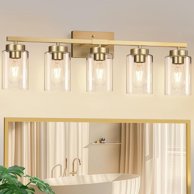 IZORRO Modern Bathroom Light Fixtures, 5 Light Brushed Gold Vanity Lights, Bathroom Lighting Fixtures Over Mirror with Clear Glass for Living Room Cabinet Bedroom