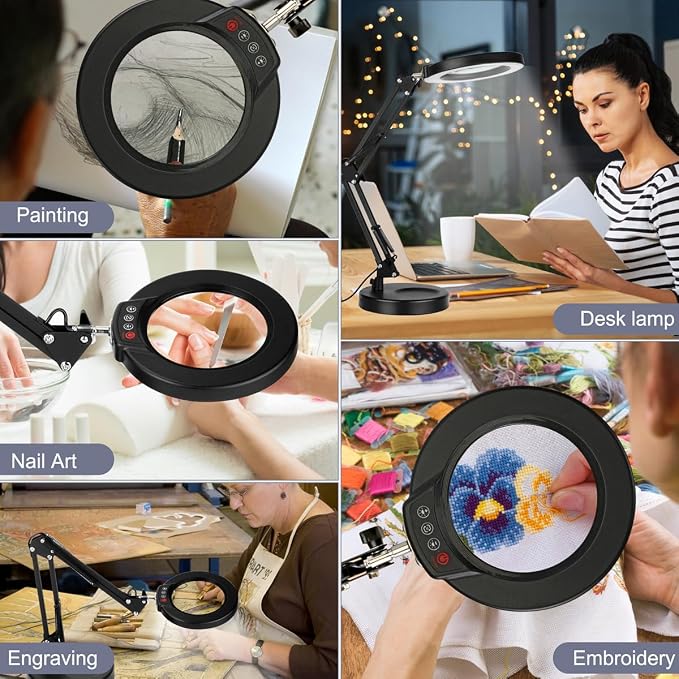 12X Magnifying Glass with Light, Krstlv Upgrade Button 5 Color Modes Stepless Dimmable 2-in-1 LED Lighted Desk Lamp & Clamp, Hands Free Magnifier with Light and Stand for Craft Hobby Repair Close Work
