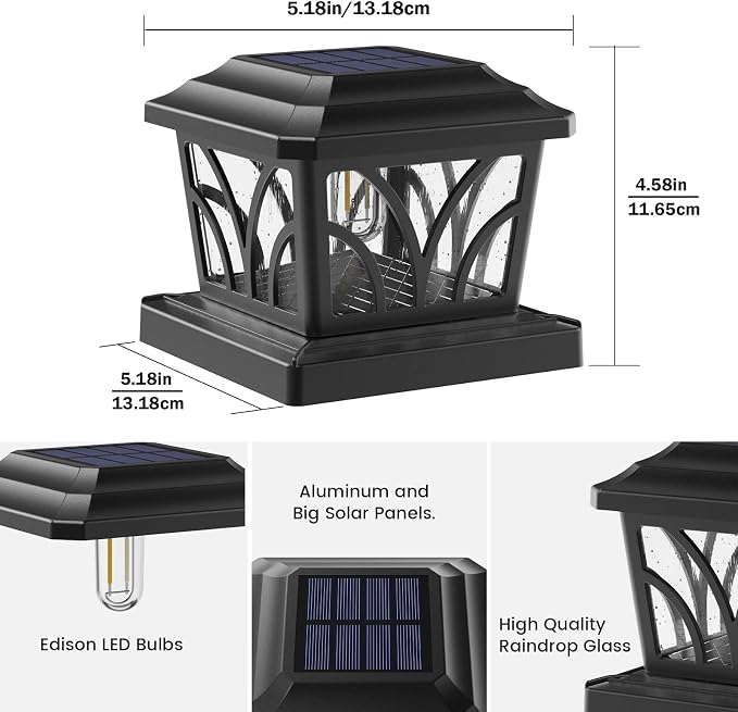 SIEDiNLAR Solar Post Cap Lights Outdoor, Aluminum Glass 2 Modes Edison LED Bulbs for 4x4 5x5 6x6 Wooden/Vinyl Posts Fence Deck Patio Decor, Warm White/Cool White Lighting 8 Pack (Black)