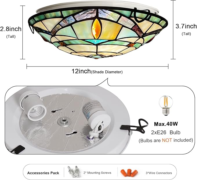 ARTZONE Tiffany Ceiling Lights, Stained Glass Ceiling Light 2-Lights 12 Inch Tiffany Flush Mount Ceiling Light for Bedroom Dining Living Room Entryway Foyer
