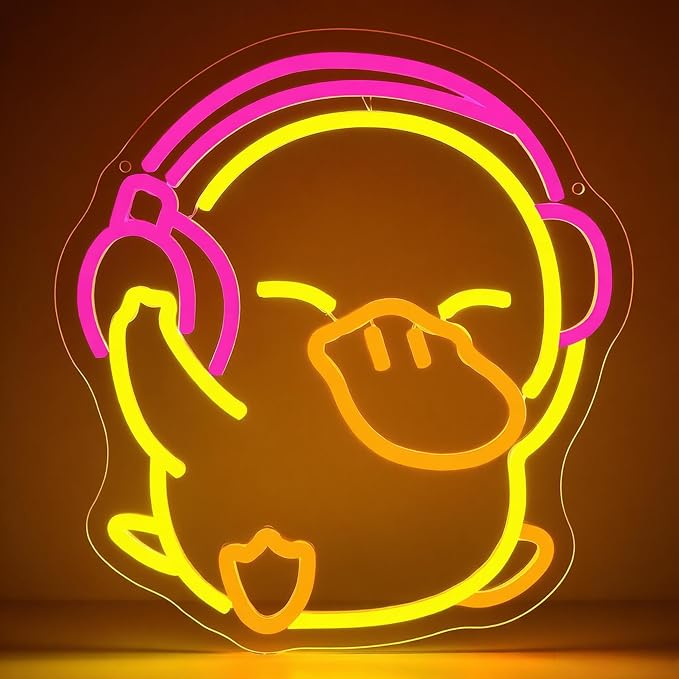 Duck Neon Sign for Wall Decor Cartoon LED Light for Man Cave | Dimmable cartoon music duck neon light, bedroom, club bar dorm decor, birthday gifts for kids, size 13.7*12.5 in