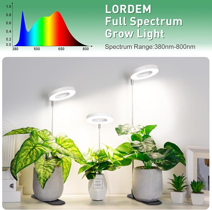 LORDEM Plant Grow Light, Full Spectrum Halo Desk Light, Height Adjustable 7.8"-26", LED Growing Lamp, Automatic Timer 4H/8H/12H, 4 Level Dimmable, Ideal for Indoor Plants, White, 3 Pack