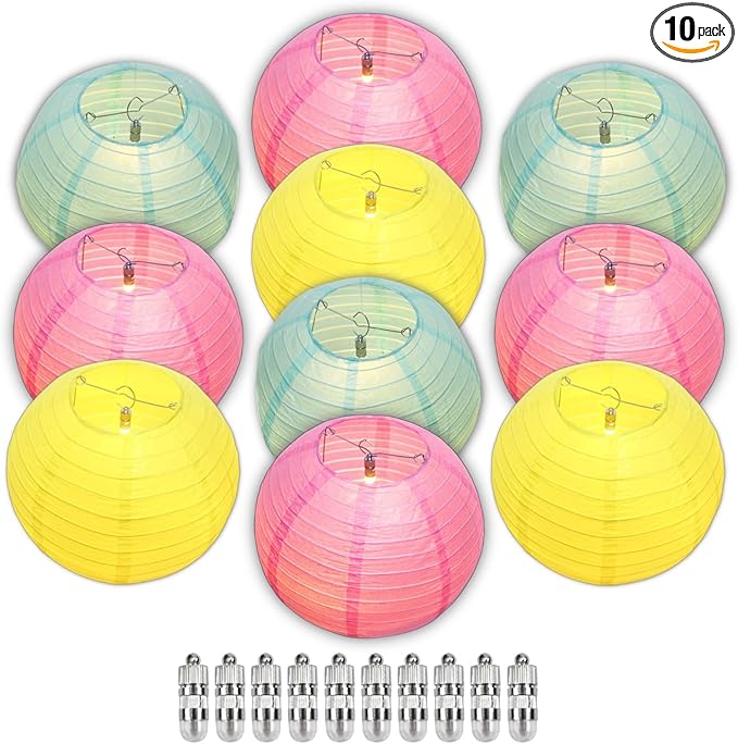 Chinese Paper Lanterns - Pack of 10, 10-Inch Yellow/Pink/Light Green Hanging Lights for Birthday Party Decorations, Ceiling Decor, Rainbow Classroom, Wedding, and Party