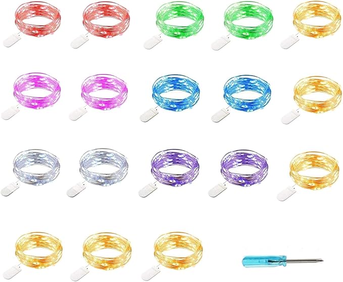 YJFWAL 18 Pack Fairy String Lights(Batteries Included) 10.2FT 30LEDs Waterproof Copper Wire Firefly Light Mini Starry Moon Lights for DIY Wedding Party Mason Jars Christmas Tree Gift Deco (7 Colors)