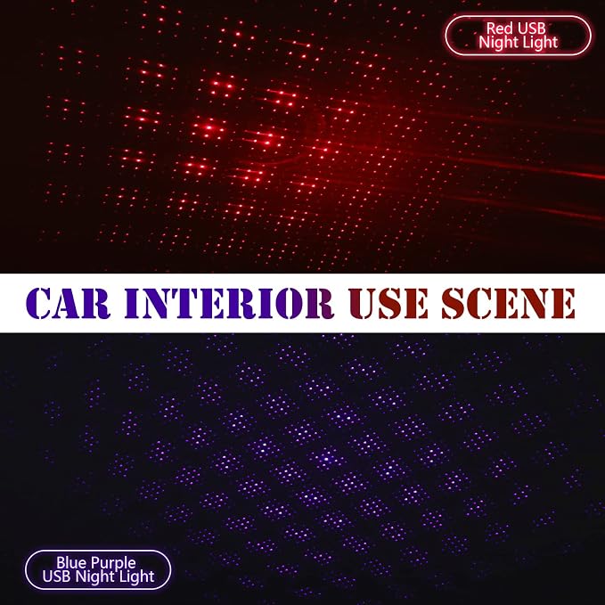 2 Pack USB Star Projector Night Light for Car, LED Night Lamp | Adjustable Starry Ceiling, Bedroom & Party Atmosphere, Plug-in USB, Rotating Projection, Interior Roof Decor