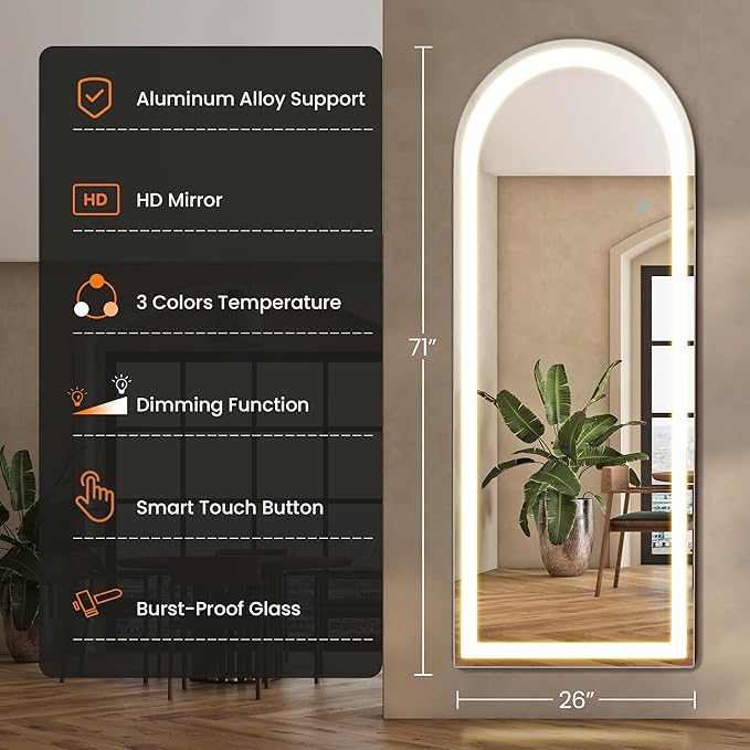 Alpen 71x26 Inches Arched LED Full Length Mirror, Floor Mirror with Stand | 3 Color Lighting, Free Standing Floor Mirrors, Lighted Full Body Mirrors for Bedroom, Dressing Room, Cloakroom