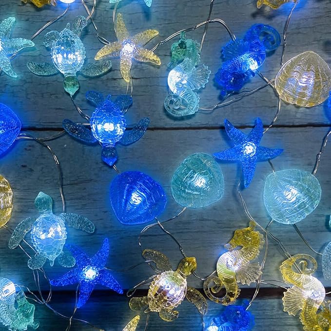 Ocean Themed String Lights Marine Life Night Light Beach Décor Sea Turtle Seahorse Starfish Clam Decorative Lights Battery Operated USB Plug in 30LED 10ft Christmas Tree Ornaments Holiday Bedroom