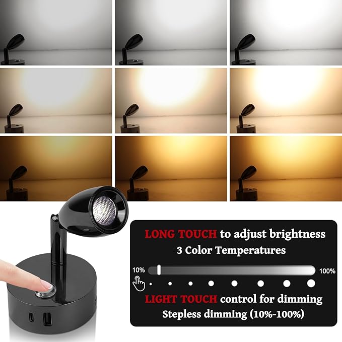 12V LED Reading Light with Dual Charging Ports, Touch Control Dimmable RV Light Interior 12 Volt Bedside Light Fixture for Camper Boat Van Trailer and Motorhome