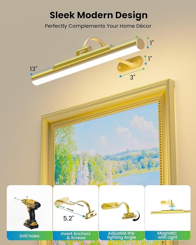 Picture Light for Wall Battery Powered Wireless 13in Gold | 4400mAh Rechargeable,CRI 95+ Dimmable,3 CCT Remote Wall Sconce, 250° Rotatable, Art Light for Paintings Photos Dartboard