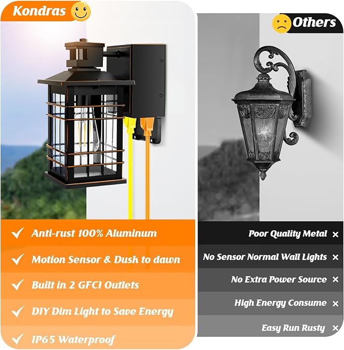 Porch Lights with GFCI Outlet, 2-Pack Motion Sensor Dusk to Dawn Waterproof Outdoor Lights, 3 Modes Oil-Rubbed Bronze Exterior Light Fixtures Wall Mount, Outside Wall Lanterns for Front Door House