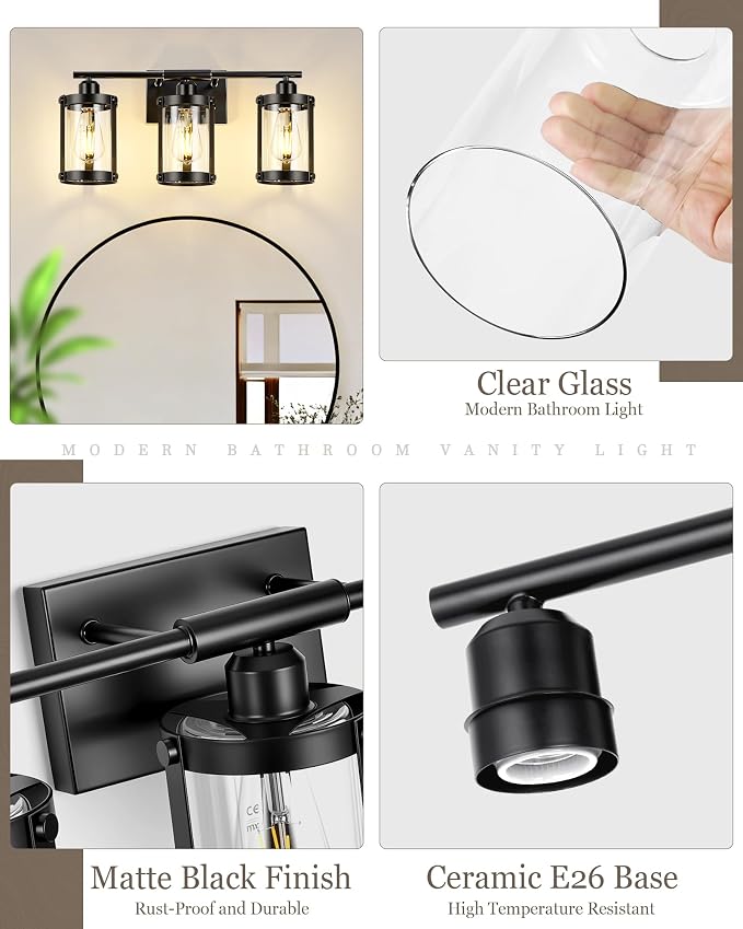 3-Light Black Bathroom Light Fixtures, 21 Inch Modern Bathroom Vanity Lighting Fixtures Over Mirror with Clear Glass and Metal Cage Wall Sconce Lights for Bath, E26, OS-3014BK-3W