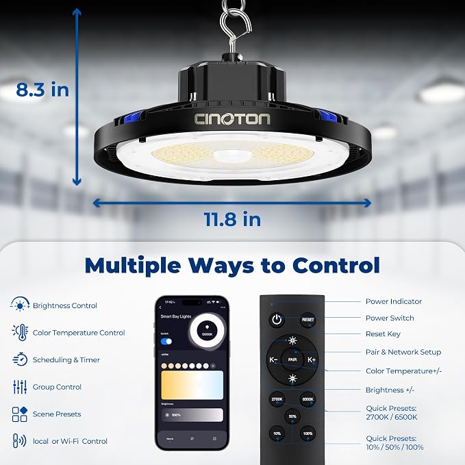 CINOTON Smart 210W 29400LM UFO LED High Bay Shop Light, ETL Listed 1 Pack | Remote/APP/Alexa Control, 120-270V US Plug 2700K-6500K 1-100% Brightness Stepless Dimm Aluminum Fixture for Garage Auto Shop
