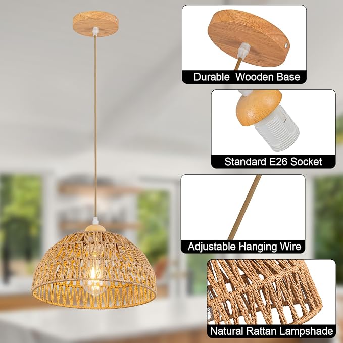 Boho Pendant Light Fixture Kitchen Chandelier Rattan Hanging Light Flush Mount Ceiling Light Boho Lamp Shade Wooden Base Bohemian Chandeliers for Hallway Bedroom Chandelier Dinning Light Fixture