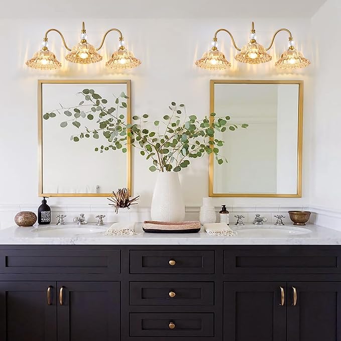 Mid Century Bathroom Light Fixtures 3 Lights Brushed Gold Vanity Lights for Bathroom with Floral Amber Crystal Glass Shade Bathroom Vanity Lighting Fixtures Over Mirror for Bedroom Living Room Hallway