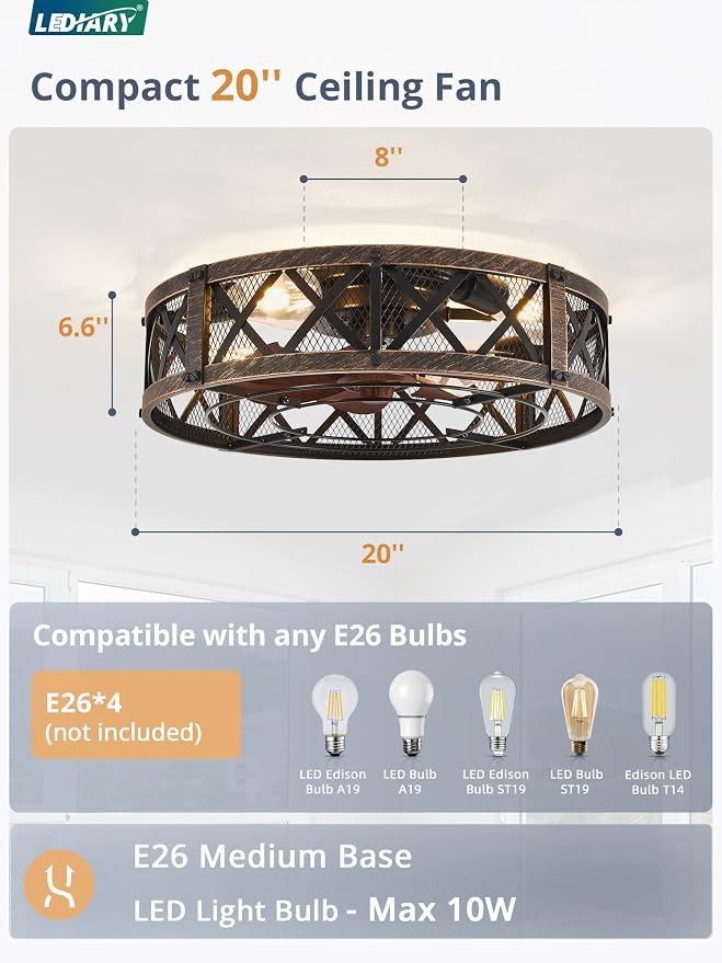 LEDIARY 20" Caged Farmhouse Ceiling Fan with Light, Flush Mount, Black Gold | Remote&APP Control, Small Low Profile, Rustic Fandaliers, Industrial Bladeless Enclosed, Powerful Motor for Bedroom, Kitchen