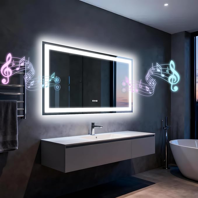 48"x28" LED Bathroom Mirror with Lights,Bluetooth Dual Speaker | Anti-Fog,3 Color Temperature,Dimmable Brightness,Memory Function,Waterproof,Wall Mount Design,Tempered Glass