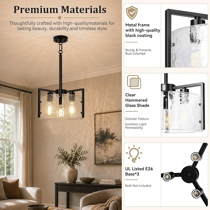 14.2 Inch Black Chandeliers for Dining Room, Adjustable Height | 3-Light Modern Entryway Light Fixture, Glass Pendant Lights for Kitchen Island Foyer Bedroom Bathroom