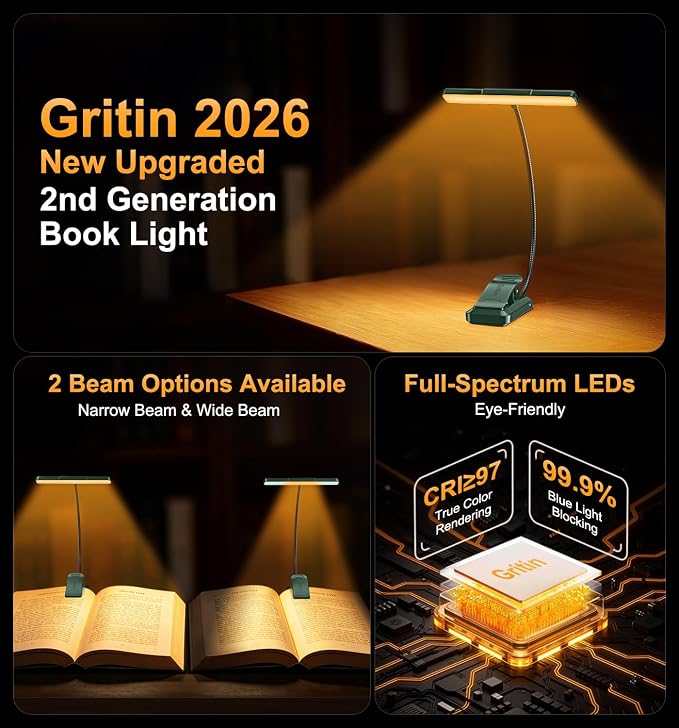 Gritin 2026 Gen 2 Book Light for Reading- 32 Eye Caring Full Spectrum LED | 5 Colors & 5 Brightness, Adjustable Wide/Narrow Beam, Upgrade 1500mAh Long-Lasting Rechargeable Clip on Light-Forest Green