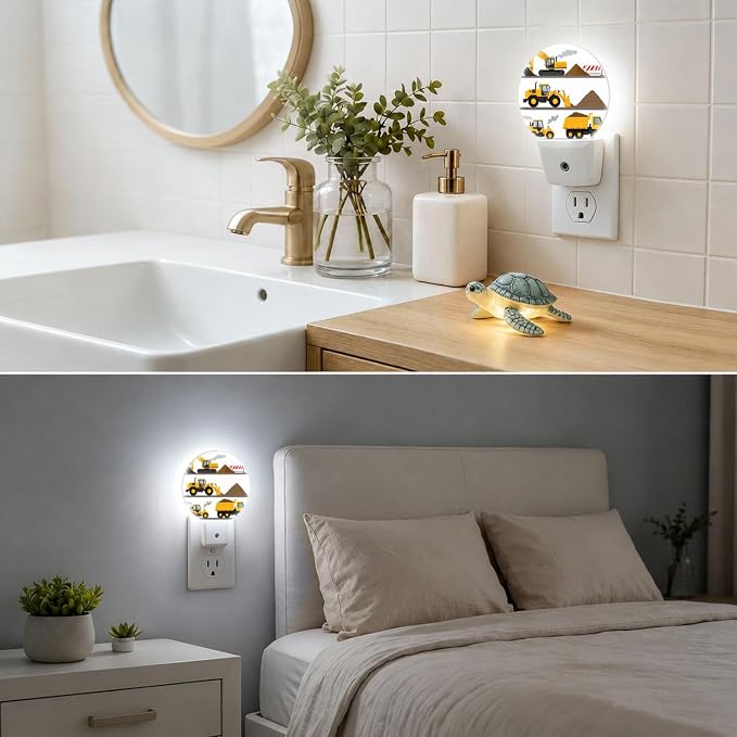 Nightlight Construction Yellow Cartoon Plug-in Night Lights Dusk to Dawn | Excavator Digger Night Light LED Round Lamp with Auto on/off Sensor for Kitchen Hallway Bedroom Bathroom