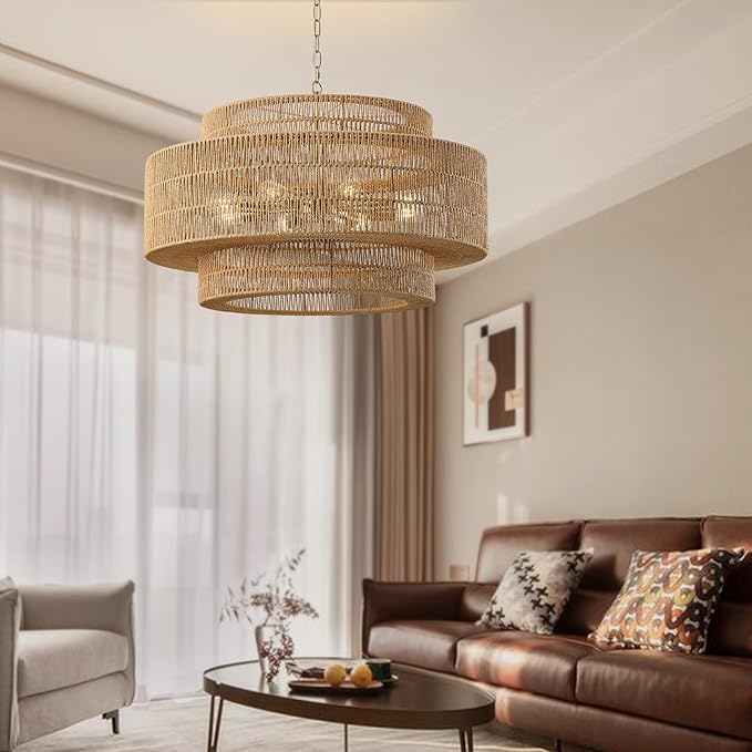 31.5"Large Boho Rattan Farmhouse Chandeliers for Dining Room,8-Light Rattan Hand-Woven Rustic Drum Chandelier Pendant Light Fixture for Kitchen Island Bedroom Living Room Entryway Foyer(Brown)
