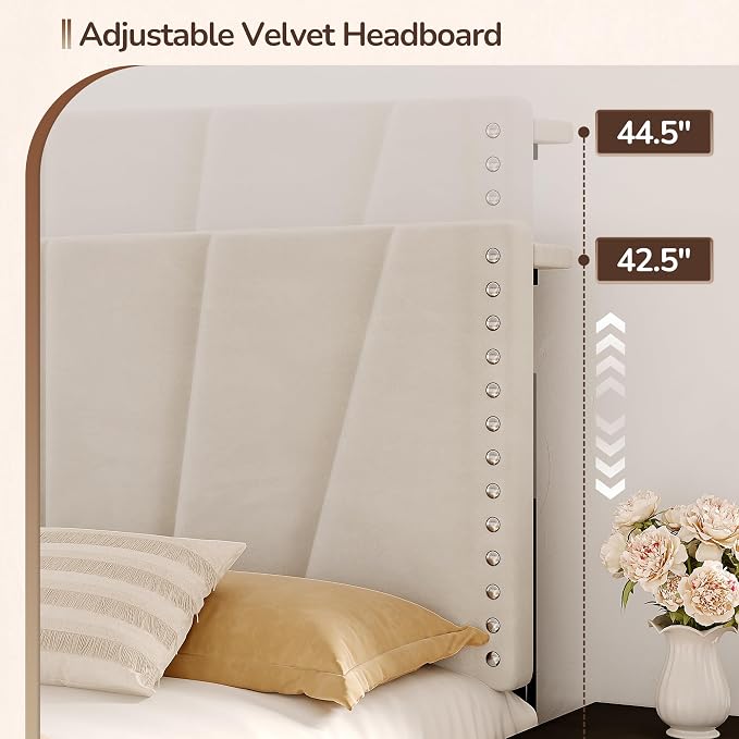 EnHomee Twin Bed Frame with LED Lights & USB, Noise-Free, Beige | Adjustable Velvet Headboard，Under-Bed Storage，Heavy Duty Support with 12 Slats，No Box Spring Needed，Easy Assembly for Bedroom