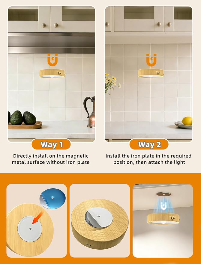6 Pack Under Cabinet Lighting, LED Puck Lights with Remote, Rechargeable Motion Sensor Lights Indoor, Dimmable Stick On Lights 3 Color Temps & 12 RGB Under Counter Lights for Kitchen, Stairs Wood