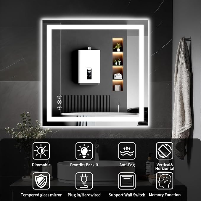 30"x30" LED Bathroom Mirror with Lights, Dimmable，Anti-Fog，Bathroom Vanity Mirror for Wall, Backlit + Front Lit, Memory Function, Shatter-Proof，Tempered Glass