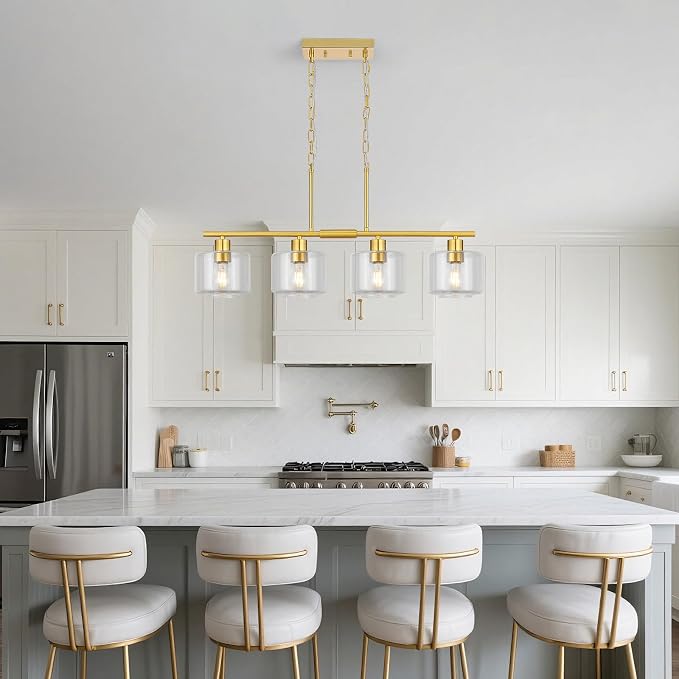 4-Light Brushed Gold Kitchen Island Lighting, Modern Linear Dining Room Chandelier Light Fixtures with Clear Glass and Chain, Mid Century Hanging Lights for Kitchen Island, OS-YQ8153-4ISBGC