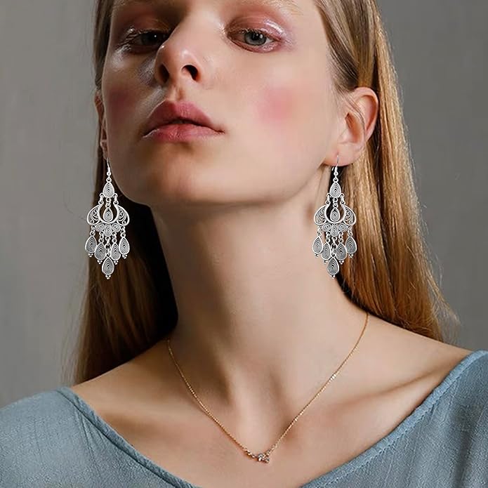 Unique Bohemian Vintage Bronze Chandelier Teardrop Flower Geometry Dangle Drop Earrings For Women