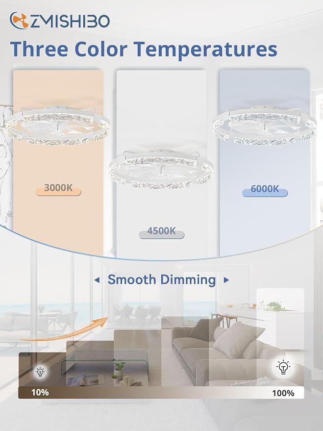 ZMISHIBO 24 Inch Ceiling Fans with Lights, Flush Mount Remote & App Control | 3CCT Dimmable LED, DC Motor, Bladeless, Reversible Blade, 6 Speeds, Modern, Low Profile, Enclosed, Bedroom, Kids, Girl, Adult