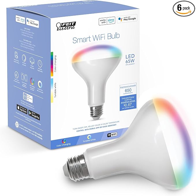 Feit Electric BR30 Smart Flood Light Bulb,2.4GHz WiFi Color Changing and Dimmable, No Hub, Compatible with Alexa or Google Assistant, BR30/RGBW/CA/AG, 65W, Multi-Color (RGBW), 1 Count (Pack of 6)