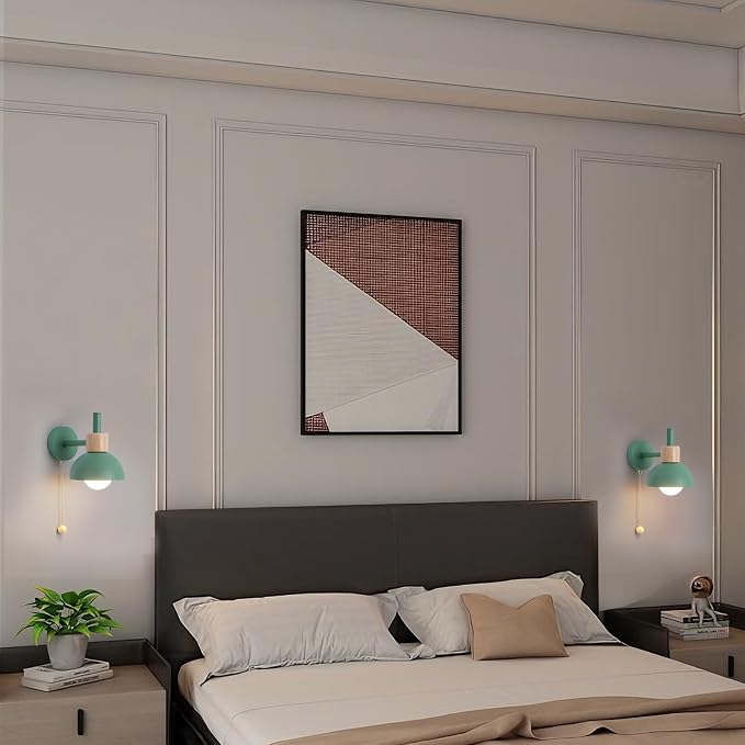 Pull Chain Wall Sconce for Bedroom, Vintage Bedside Wall Lamp with E26 Socket, Wall Lighting for Kids Room Hallway Boys Girls (Green)