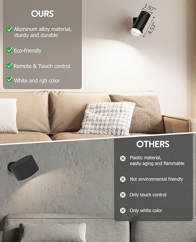 LED Wall Sconce, Wireless Battery Operated Wall Sconce with Rechargeable Battery Operated 12RGB and 3CCT Dimmable Magnetic Light, for Bedroom Bedside Reading Living Room Picture