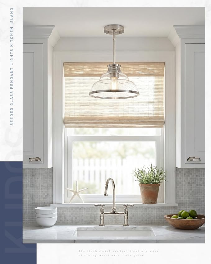 kudos 2 Pack 11" Brushed Nickel Seeded Glass Pendant Lights, KDPL14-BN-2PK | E26 Bulb Base, Hardwired, Farmhouse Styling, Adjustable Hanging Rods for Flat or Sloped Ceilings, for Kitchen Bars