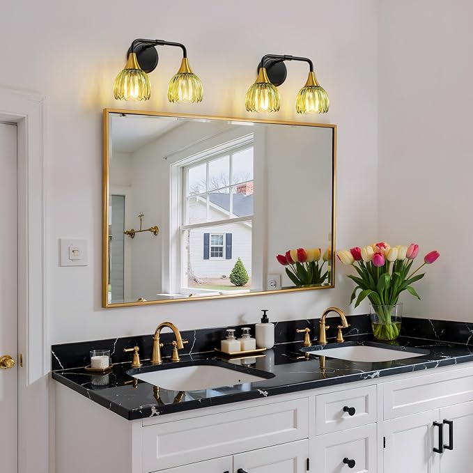 Bathroom Vanity Light Fixtures: 2-Lights Vintage Bathroom Lights Over Mirror with Ribbed Green Tulip Glass Shade - 14 inch Black and Gold Wall Sconce Bath Lighting