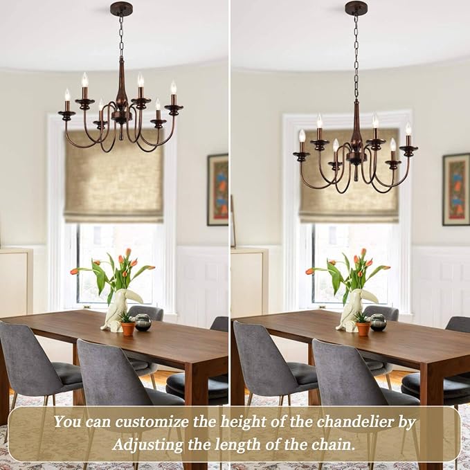 24" Farmhouse Chandelier for Kitchen Island, 6-Light French Country Chandelier with Adjustable Chain, Oil Rubbed Bronze Candle Pendant Light for Dining Room, Living Room, Foyer