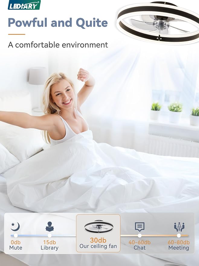 LEDIARY 19.7'' Modern Low Profile Ceiling Fans with Lights and Remote,Black | 3000-6000K Dimmable LED, 6 Wind Speeds, Quiet Reversible DC Motor, Small Flush Mount Fandelier for Bedroom, Living Room