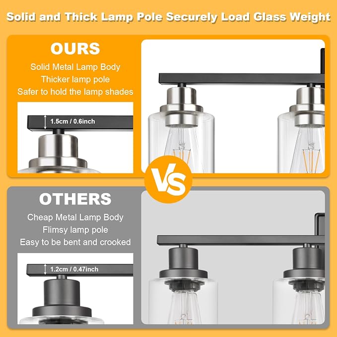 Modern Bathroom Light Fixtures, 4 Light Vanity Lights Over Mirror, Black and Brushed Nickel Wall Lamp with Clear Glass for Living Room Cabinet Bedroom Porch