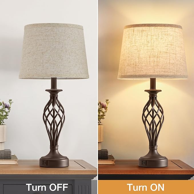Table Lamp for Bedroom Set of 2 with USB C+A Ports - Modern Brown Bedside Lamps with Spiral Cage Base Fabric Shade - Nightstand Lamp for Living Room Reading Bed Side End Table 2 LED Bulbs Included